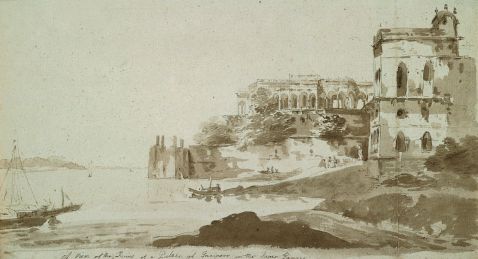  Englisch - 2 Bll.: A View of the Ruins of a Palace at Ganipoor on the River Ganges.Südliche Landschaft mit Tempel