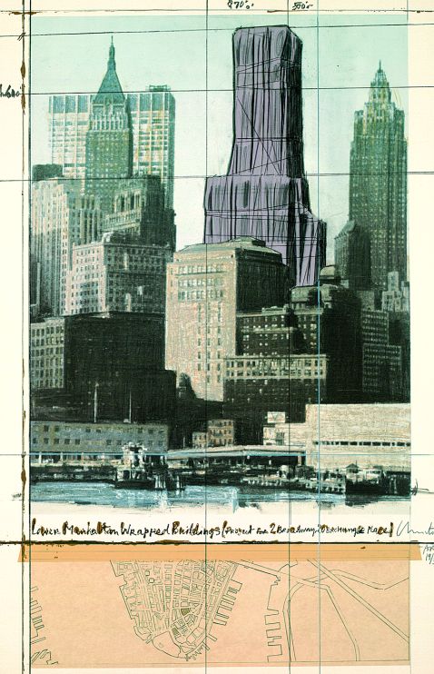 Christo - Lower Manhattan wrapped Buildings Project for 2 Broadway, New York