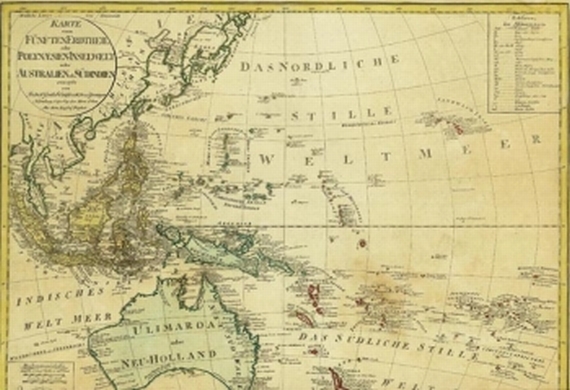 Australien - Karte vom Fünten Erdtheil oder Polynaesien-Inselwelt oder Australien od. Südindien.