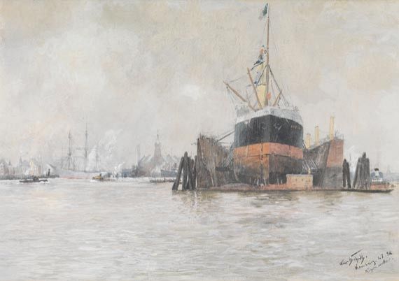 Hans Bohrdt - Regenwetter im Hamburger Hafen, Dampfer "Lydia" im Trockendock