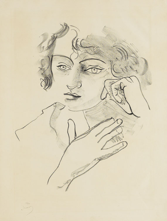 André Derain - Tête de femme aux yeux clairs de face avec les deux mains