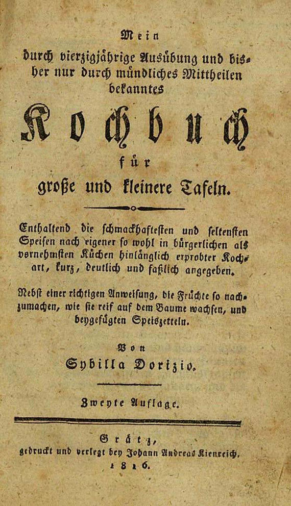 Kochbücher - Dorizio, Sybilla, Kochbuch für große und kleine Tafeln. 1816.