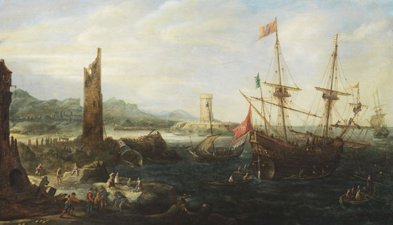 Andries van Eertvelt - Zugeschrieben - Küstenlandschaft mit Kriegsschiff unter päpstlicher Flagge und einer niederländischen Schaluppe