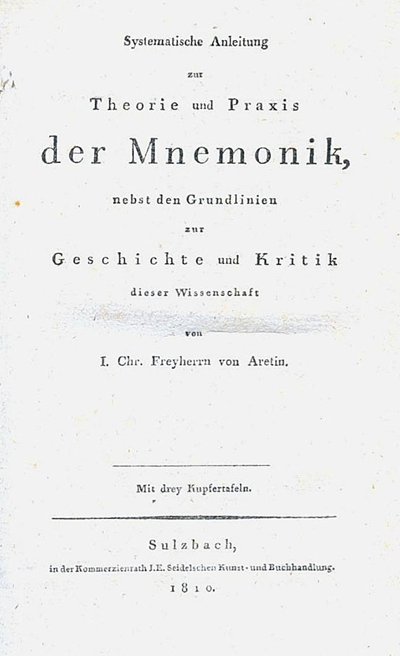  Mnemotechnik - Aretin, Joh. Chr. von, Theorie und Praxis der Mnemonik. 1810.