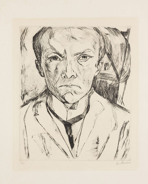 Max Beckmann - Selbstbildnis von vorn, im Hintergrund Hausgiebel