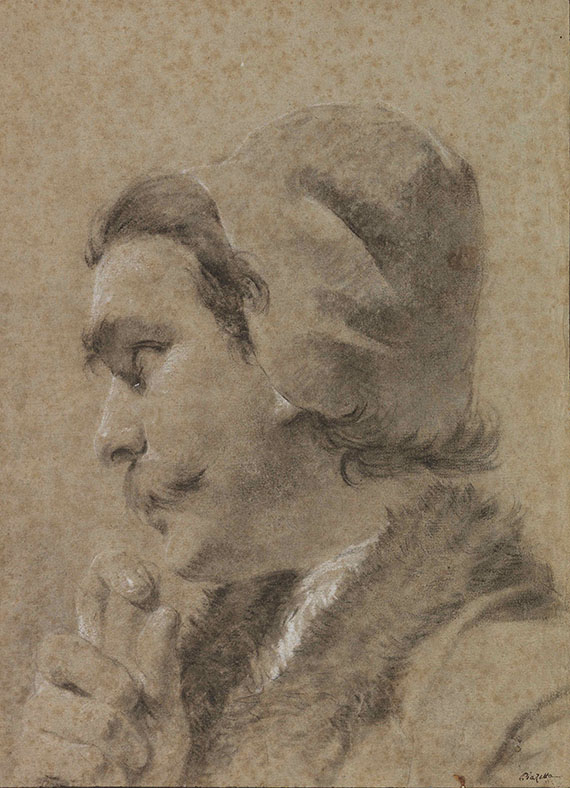 Piazzetta - (Umkreis) Porträtzeichnung Mann mit Kappe und Schnurrbart.