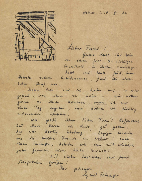 Lyonel Feininger - Eigenhändiger Brief. 10. Febr. 1923