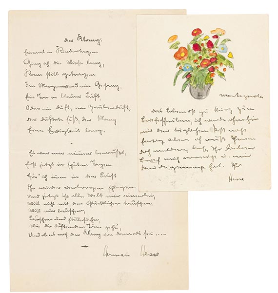 Hermann Hesse - Eigh. Karte mit kl. Aquarell und eigh. Gedicht "Der Klang"