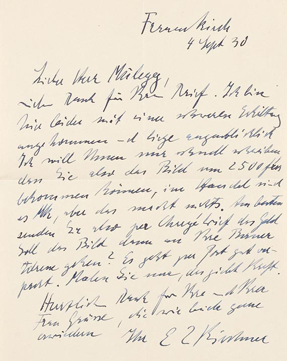 Ernst Ludwig Kirchner - Eigh. Brief m. U. an Alexander Mühlegg