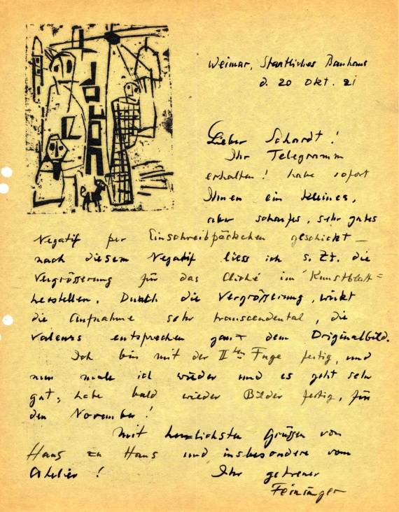 Lyonel Feininger - 69 Briefe (tlw. mit Holzschnitten) an Alois Schardt (darunter 7 zus. mit Ehefrau Julia) + 44 Briefe der Familien Feininger/Schardt + 1 Pos. Exzerpte - 