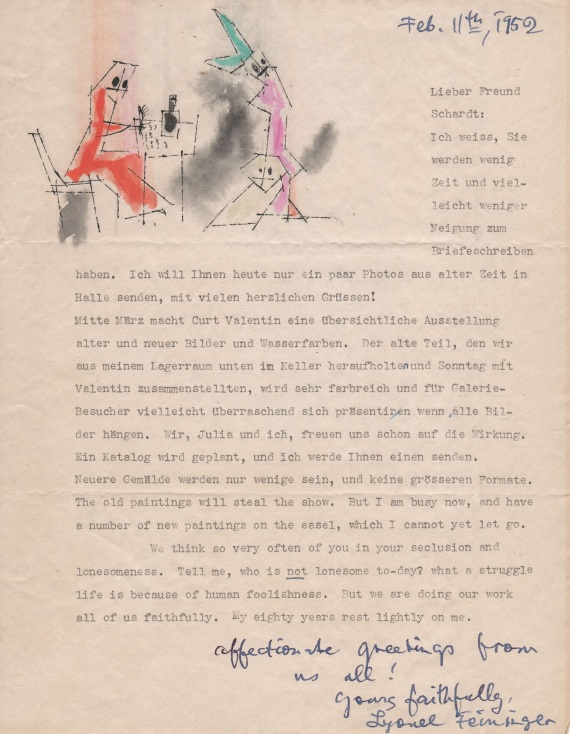 Lyonel Feininger - 69 Briefe (tlw. mit Holzschnitten) an Alois Schardt (darunter 7 zus. mit Ehefrau Julia) + 44 Briefe der Familien Feininger/Schardt + 1 Pos. Exzerpte - 