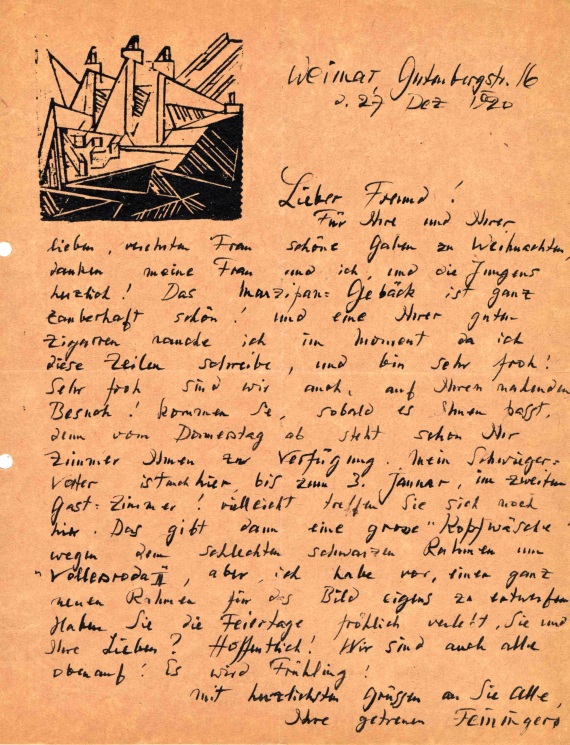 Lyonel Feininger - 69 Briefe (tlw. mit Holzschnitten) an Alois Schardt (darunter 7 zus. mit Ehefrau Julia) + 44 Briefe der Familien Feininger/Schardt + 1 Pos. Exzerpte - 