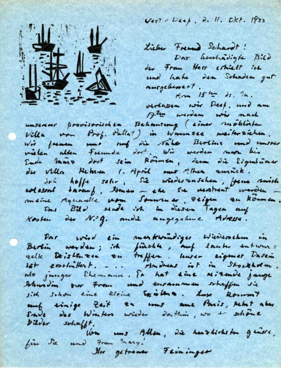 Lyonel Feininger - 69 Briefe (tlw. mit Holzschnitten) an Alois Schardt (darunter 7 zus. mit Ehefrau Julia) + 44 Briefe der Familien Feininger/Schardt + 1 Pos. Exzerpte - 