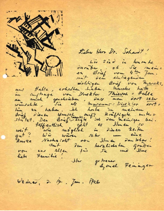 Lyonel Feininger - 69 Briefe (tlw. mit Holzschnitten) an Alois Schardt (darunter 7 zus. mit Ehefrau Julia) + 44 Briefe der Familien Feininger/Schardt + 1 Pos. Exzerpte - 