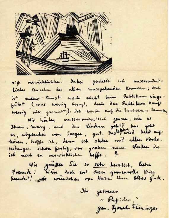 Lyonel Feininger - 69 Briefe (tlw. mit Holzschnitten) an Alois Schardt (darunter 7 zus. mit Ehefrau Julia) + 44 Briefe der Familien Feininger/Schardt + 1 Pos. Exzerpte - 