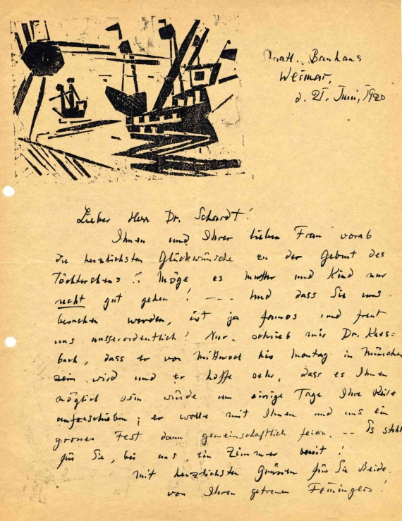 Lyonel Feininger - 69 Briefe (tlw. mit Holzschnitten) an Alois Schardt (darunter 7 zus. mit Ehefrau Julia) + 44 Briefe der Familien Feininger/Schardt + 1 Pos. Exzerpte